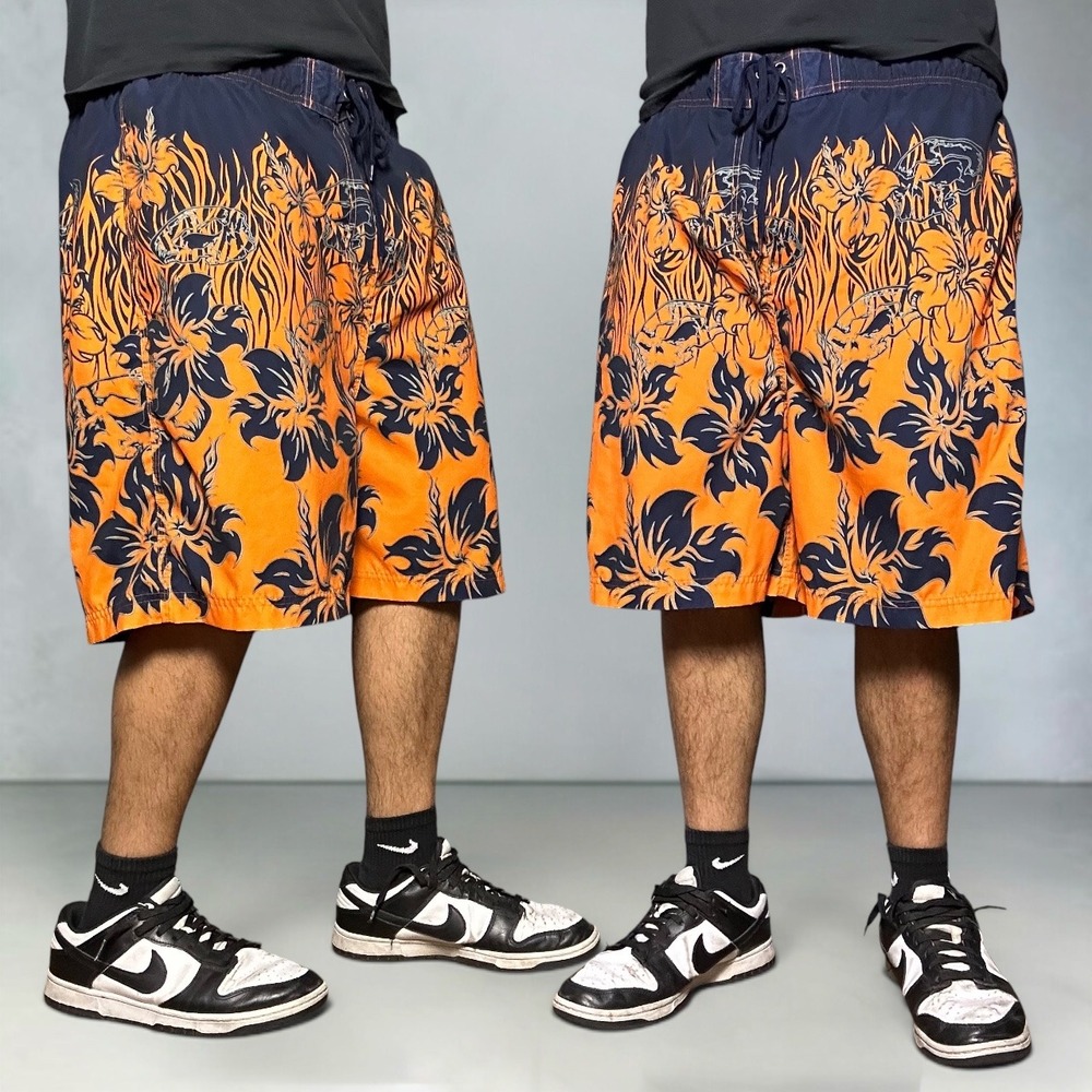 No Boundaries Y2K Orange Floral Flame Board Shorts Baggy Skater Mens Size Large